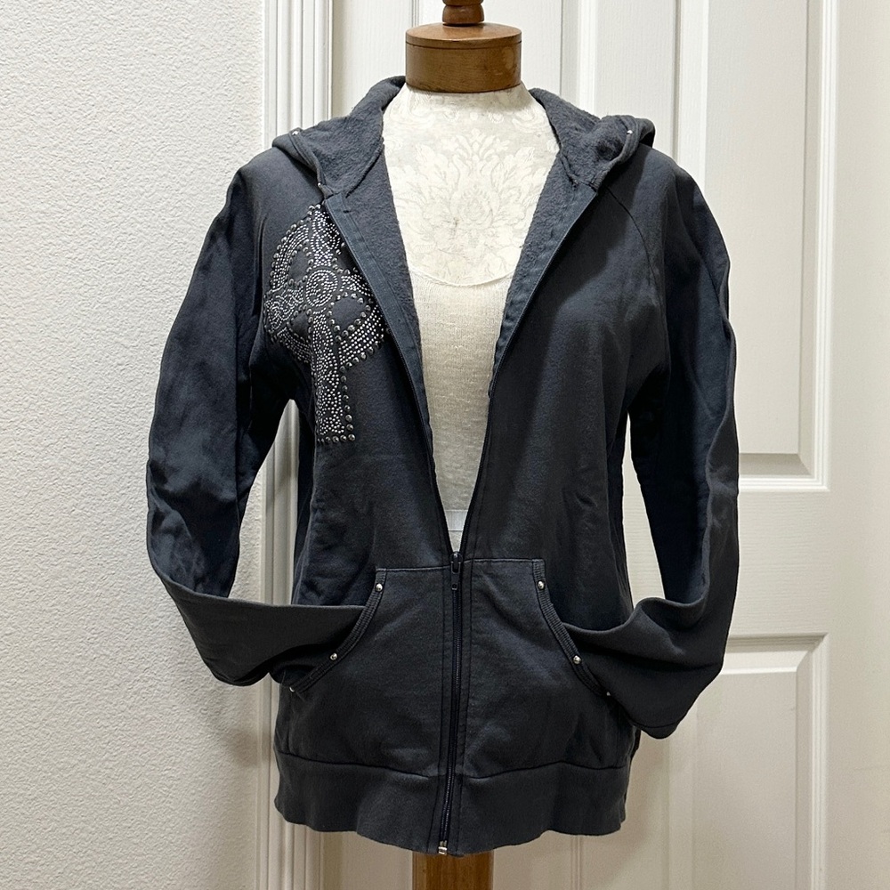 Kendra Duck Charcoal Cross Embellished Studded Hoodie Sweatshirt - XL (Juniors)